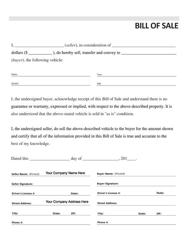 free printable bill of sale form form generic