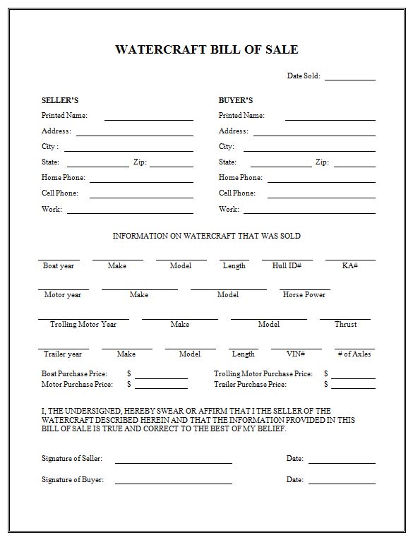 Free Printable Boat Bill Of Sale Form (GENERIC)