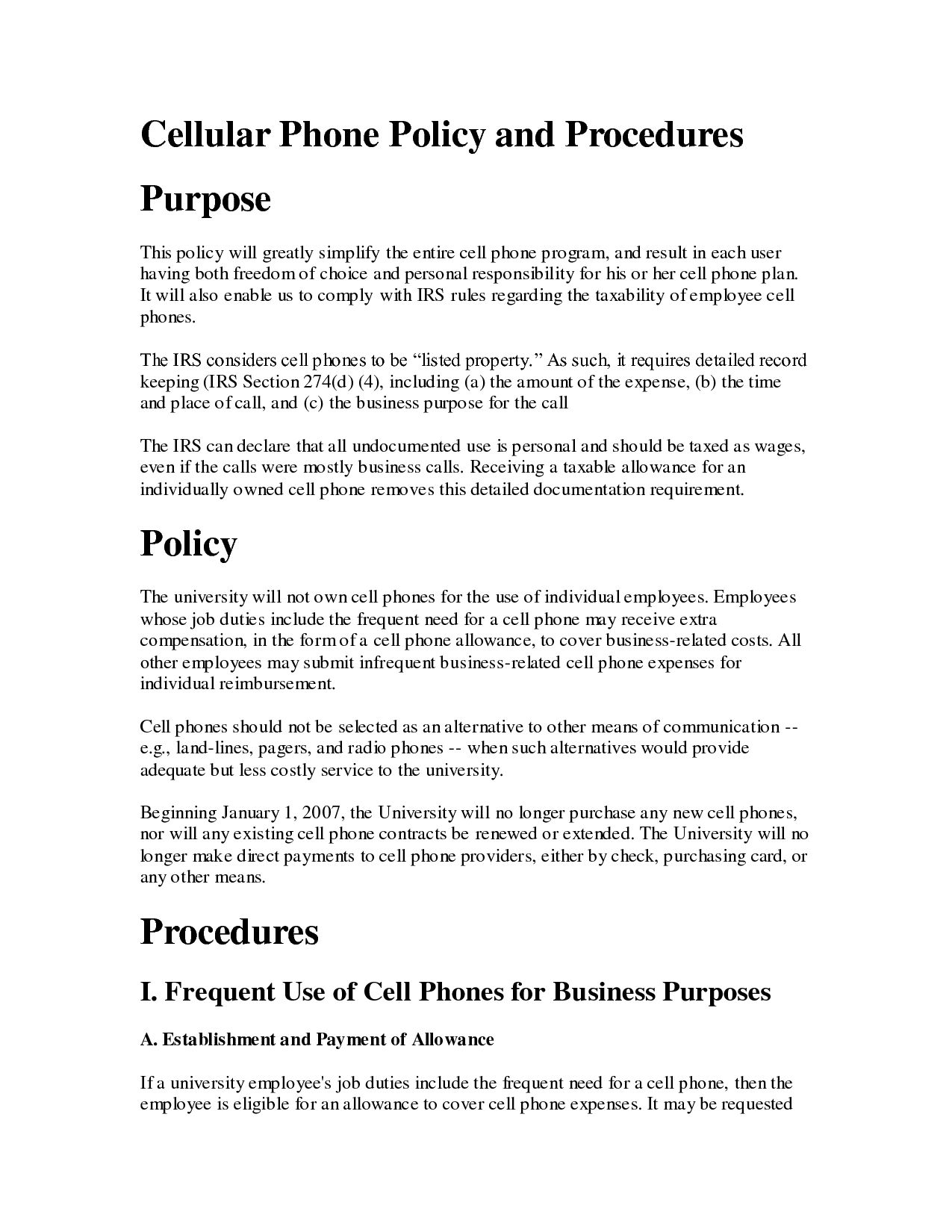 Free Company Cell Phone Policy Template