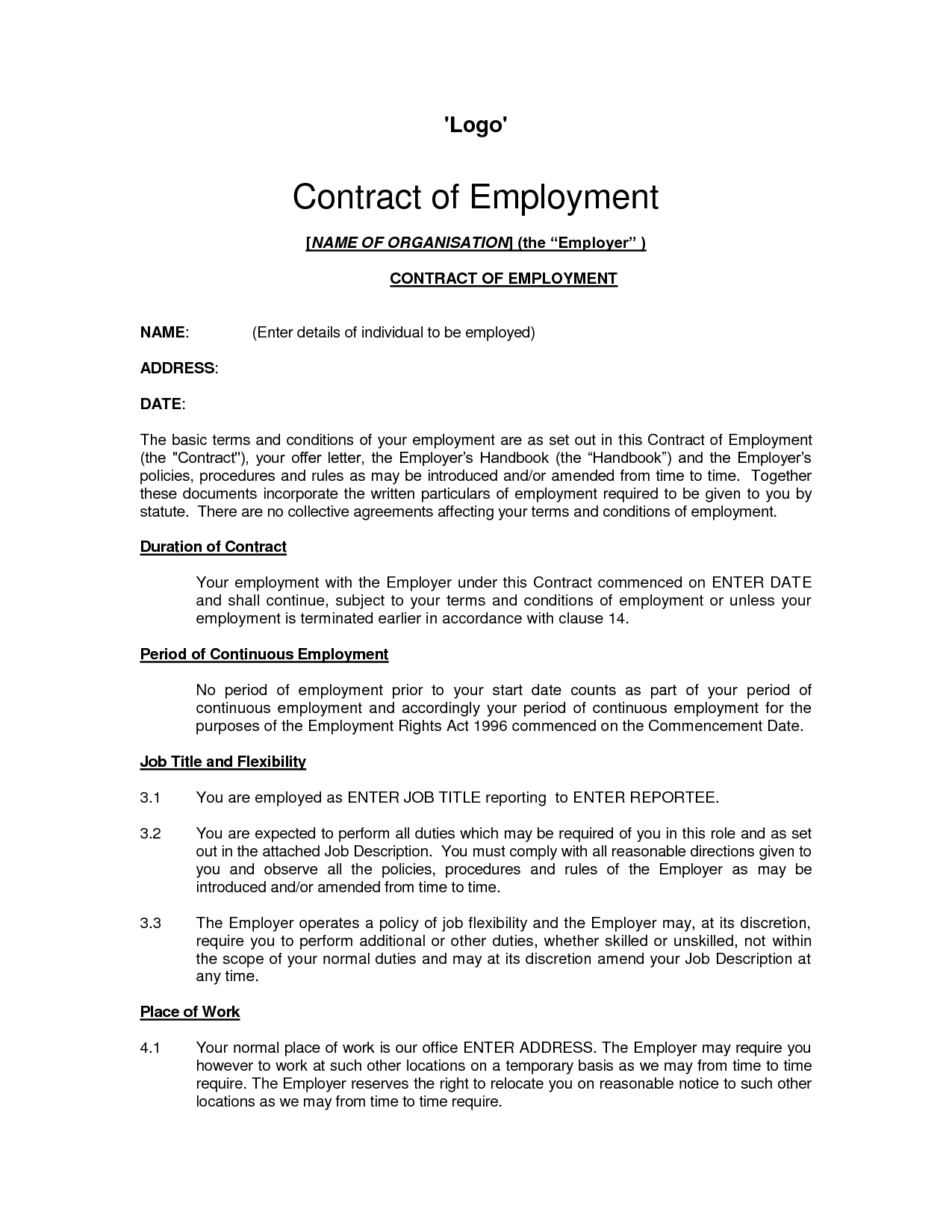 Free Printable Employment Contract Sample Form (GENERIC)