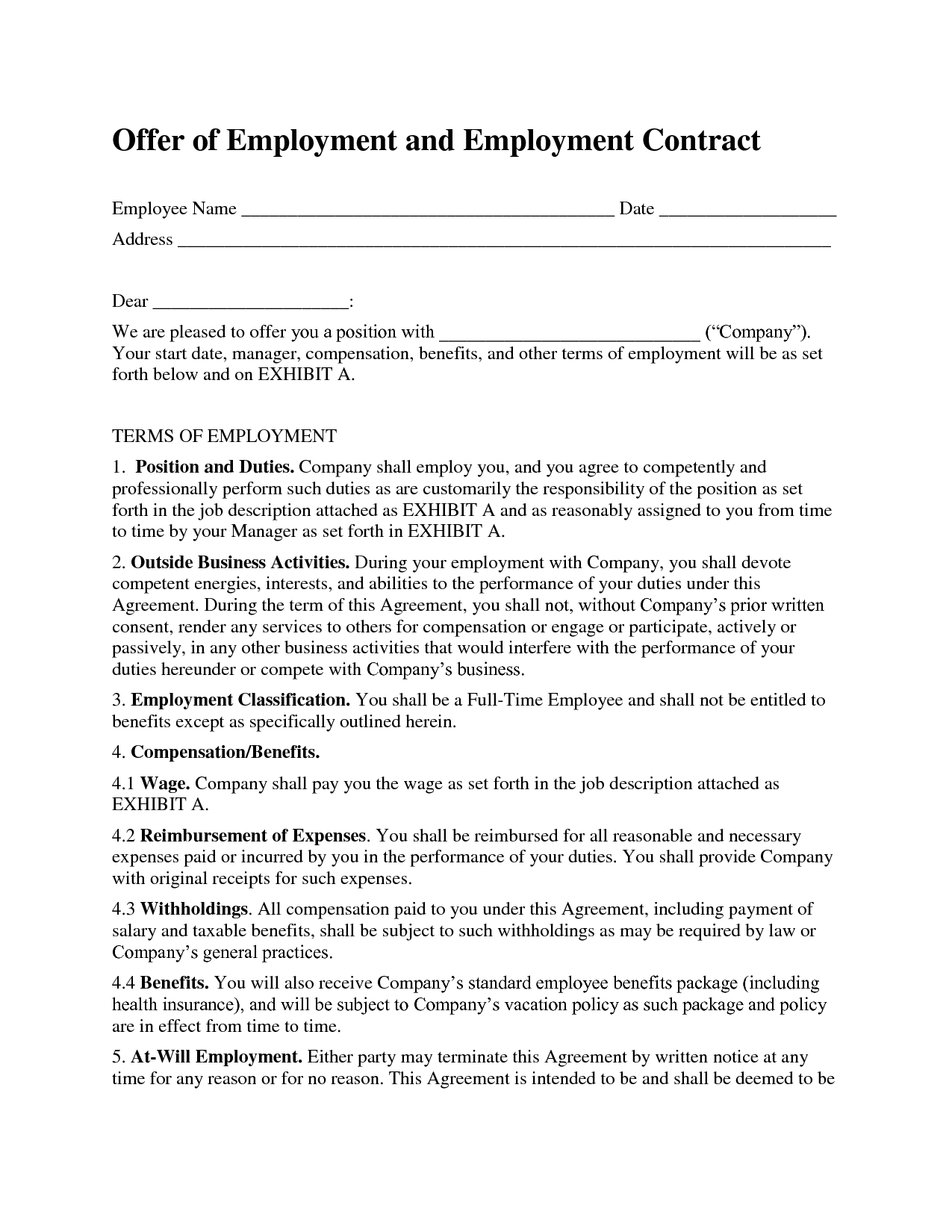 Free Printable Employment Contract Sample Form (GENERIC)