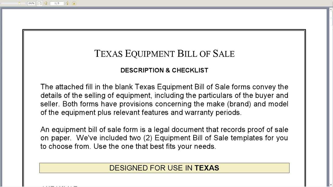 Free Printable Equipment Bill Of Sale Template Form GENERIC 