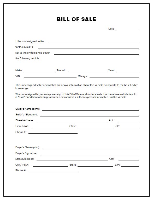 Free Printable Free car bill of sale template Form (GENERIC)