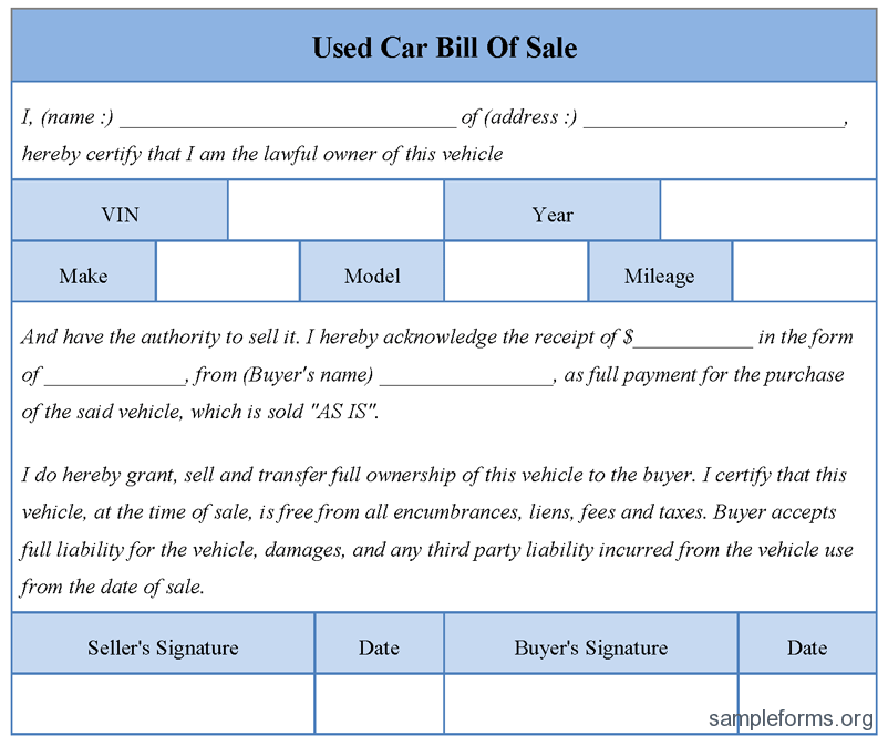 Free Bill Of Sale Template Form