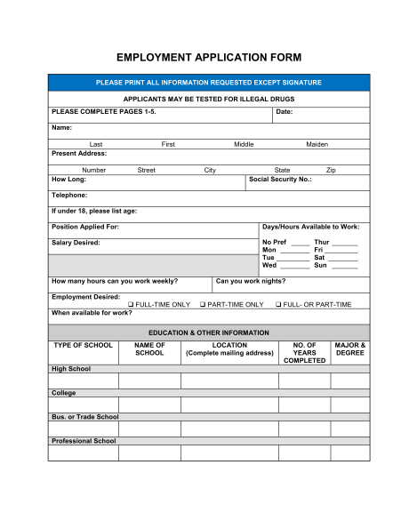 Free Printable Job Application Form Template Form GENERIC Free Printable Job Application Form Template Form GENERIC