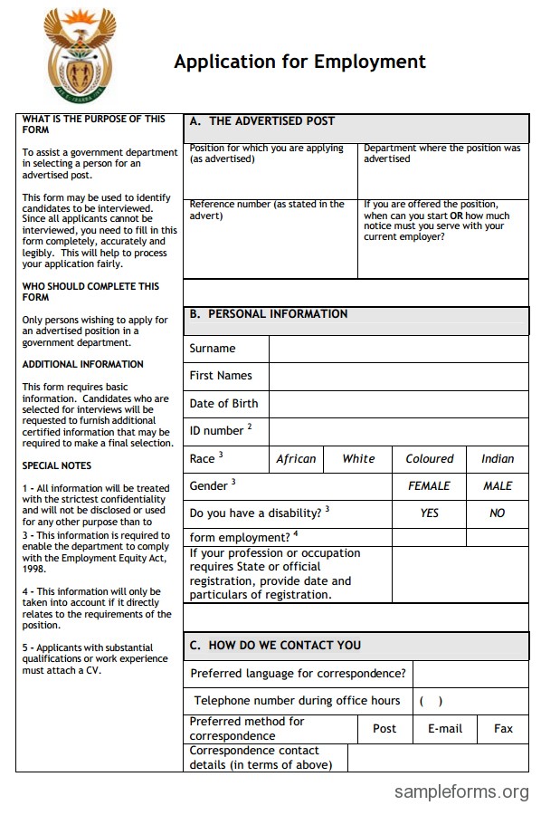Employment Application Form Template Free Download from www.printablelegaldoc.com