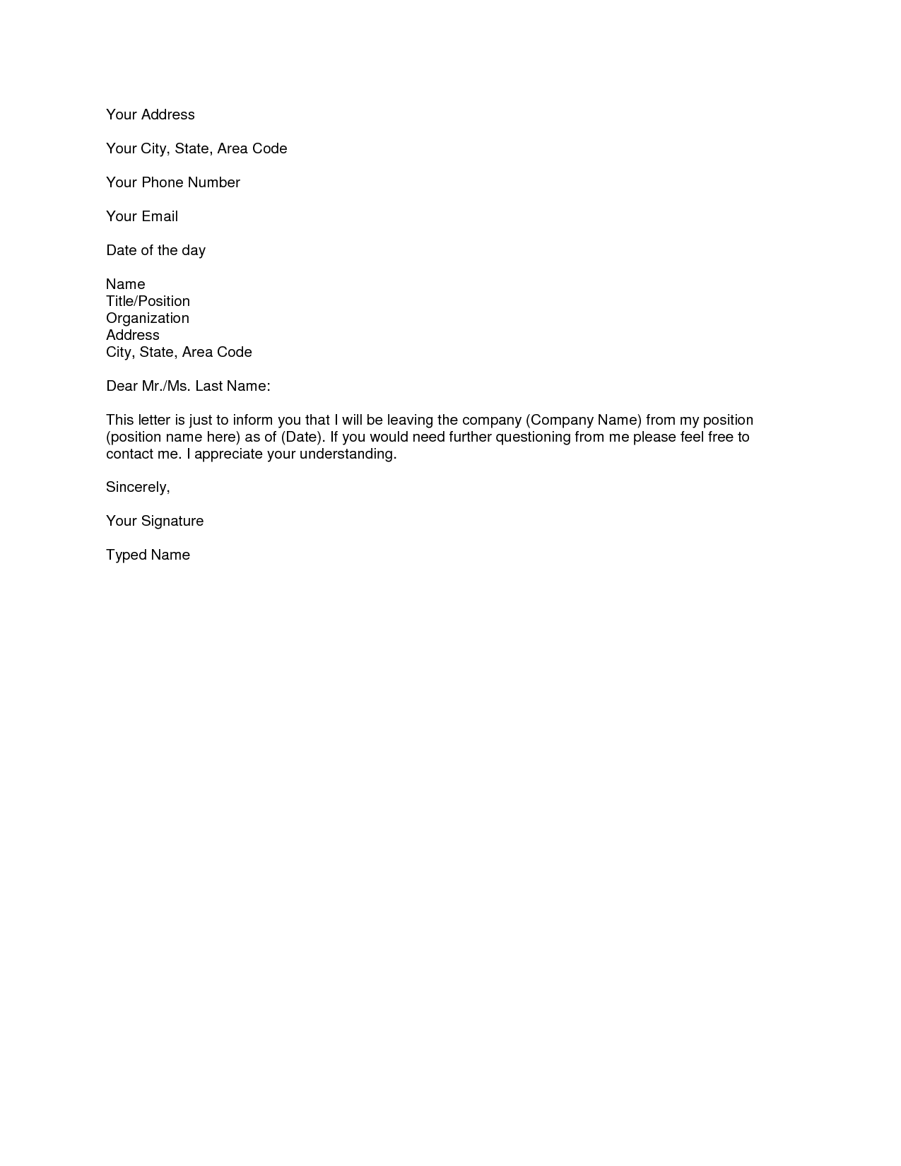 Free Printable Letter of Resignation Form (GENERIC)