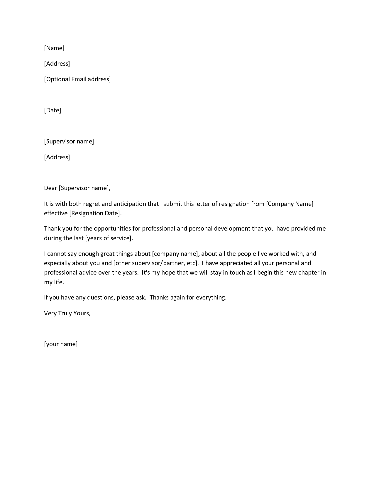 Free Sample Letter Of Resignation Template