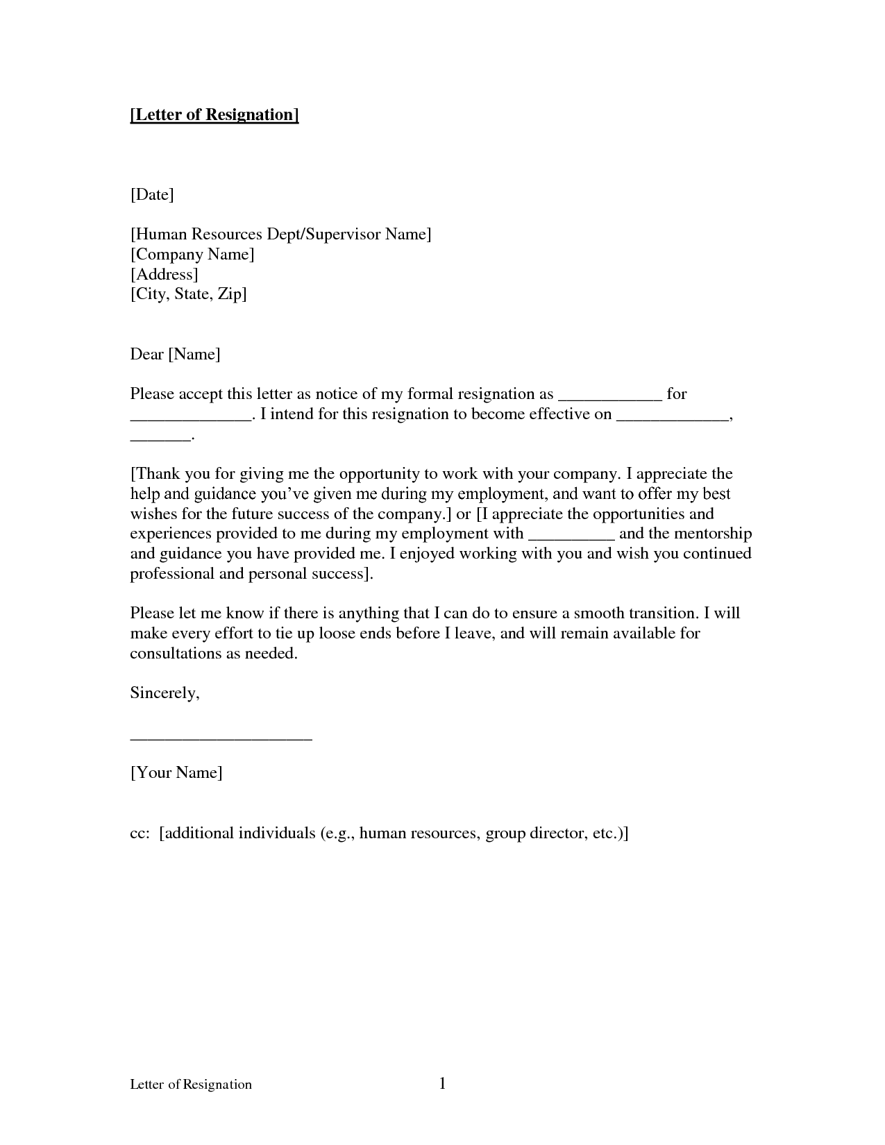 printable resignation letter of sample (GENERIC) Resignation Form Letter of Printable Free