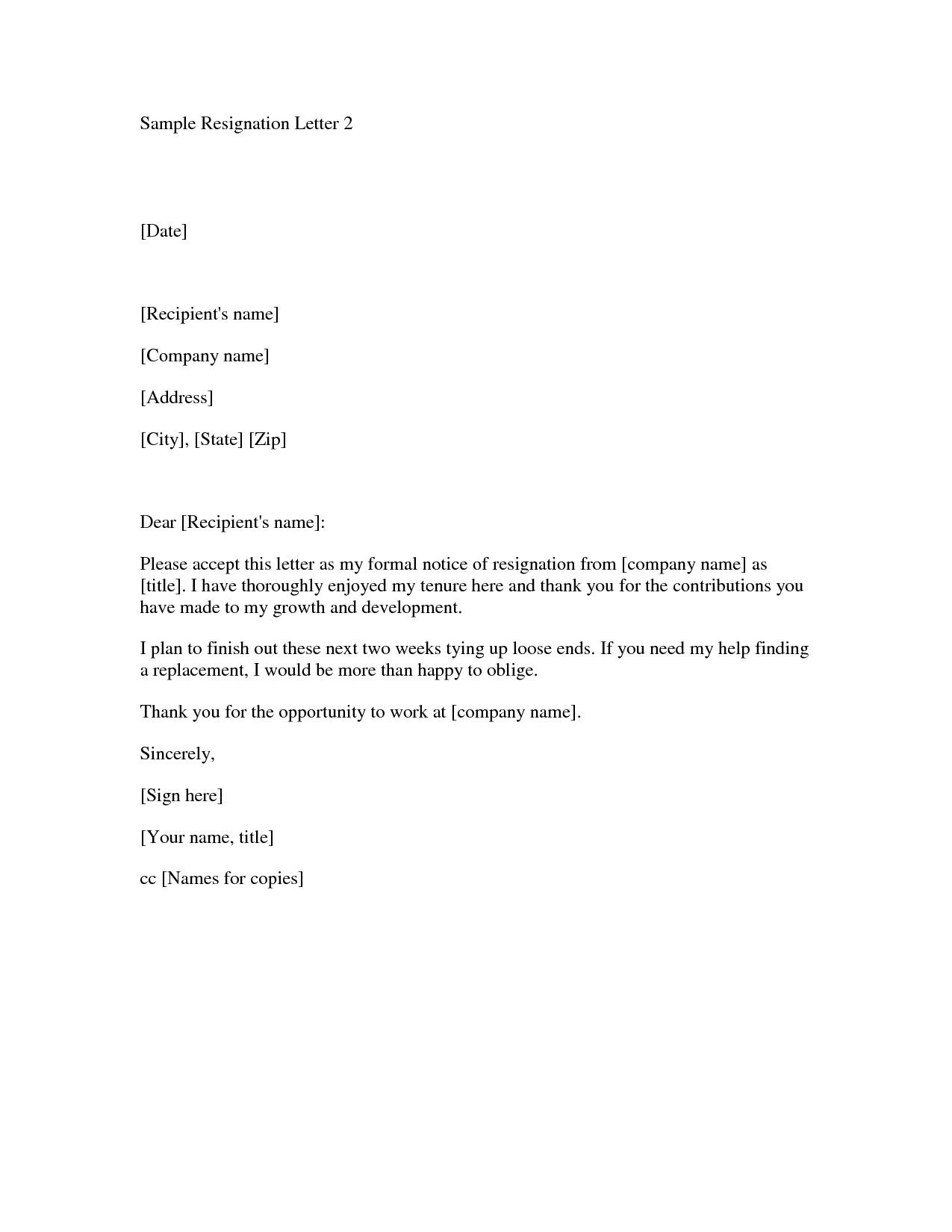 free printable letter of resignation form generic