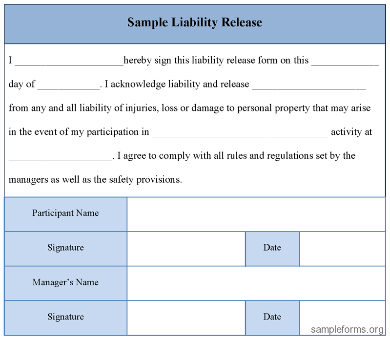 Free Printable Liability Release Form Sample Form (GENERIC)