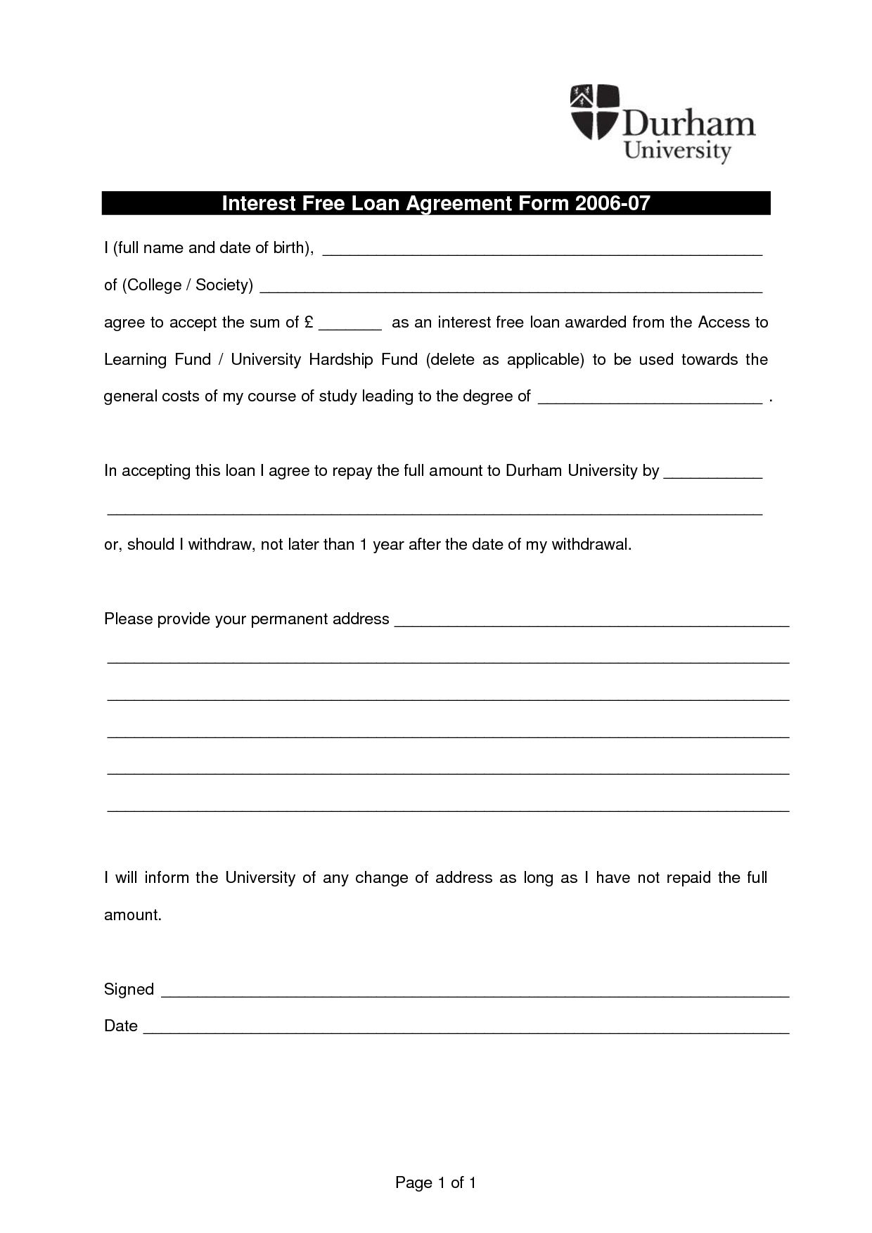 Free Printable Loan Agreement Form Form (GENERIC)