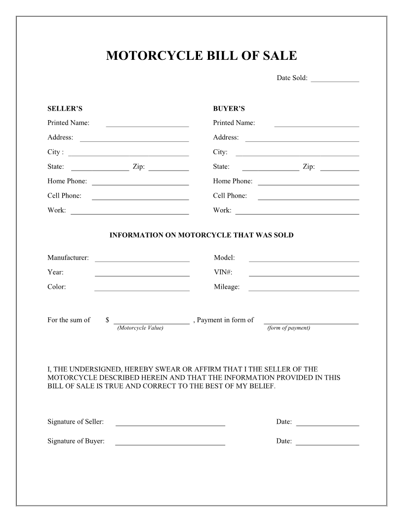 Free Printable Motorcycle Bill of Sale Form (GENERIC)