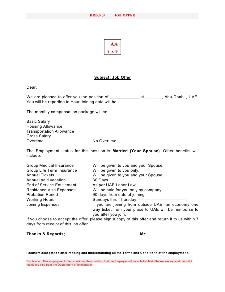 Free Printable Offer Letter Sample Form (GENERIC)