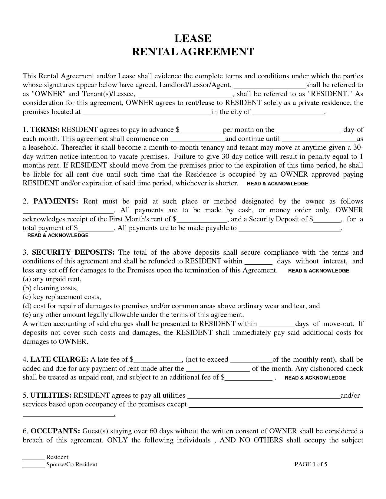 Free Printable Residential Lease Form (GENERIC)
