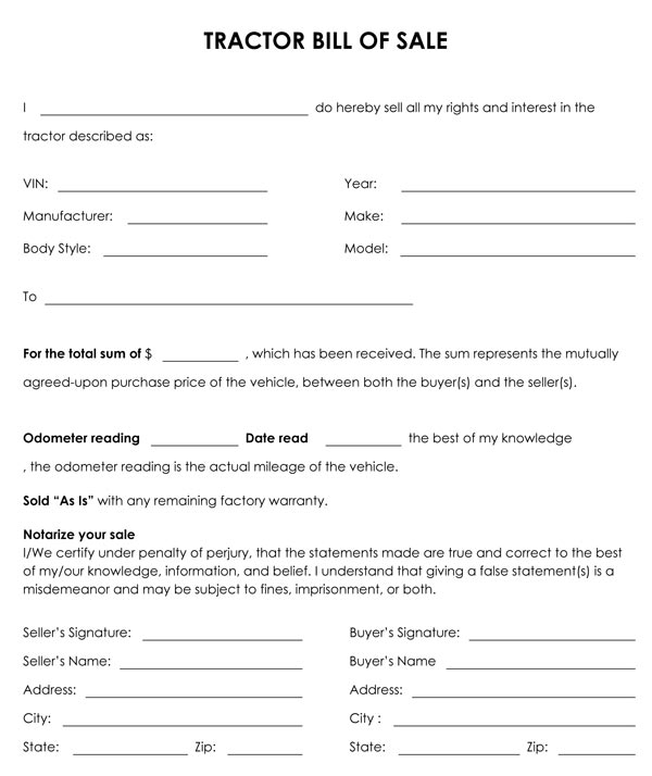 Free Printable Tractor Bill of Sale Form (GENERIC)