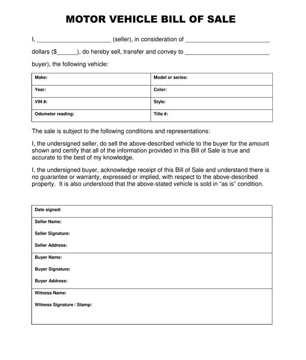 Free Printable Vehicle Bill Of Sale Template Form Generic