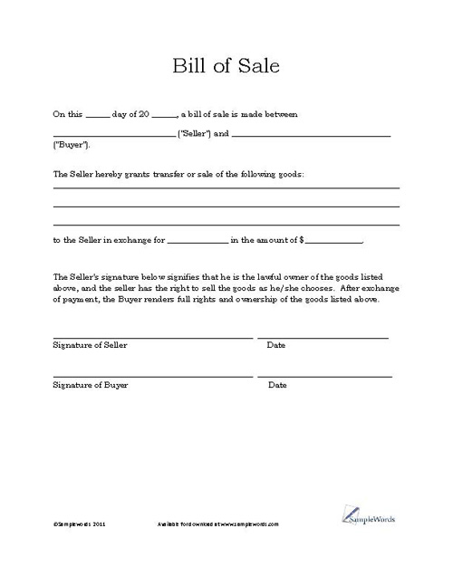 simple automobile bill of sale