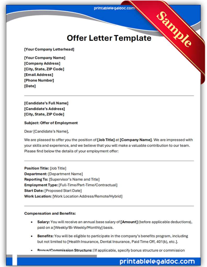 Free Printable Offer Letter Sample Form (GENERIC)