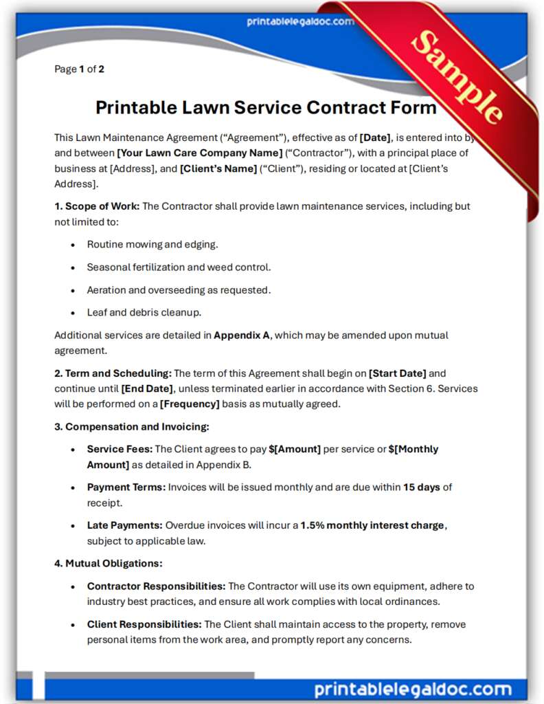 Free Printable Lawn Service Contract Form (GENERIC)