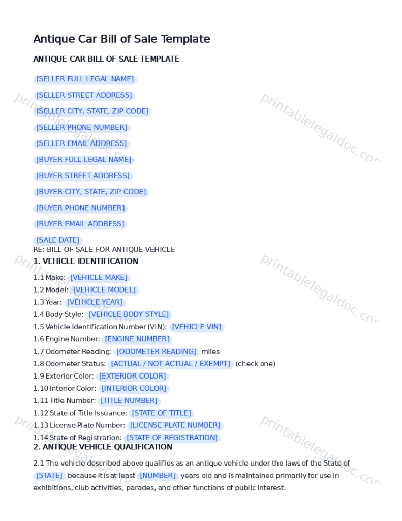 Antique Car Bill of Sale Template