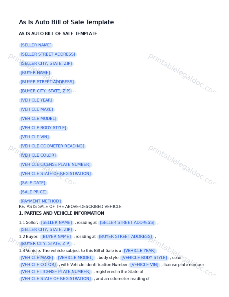 As Is Auto Bill of Sale Template