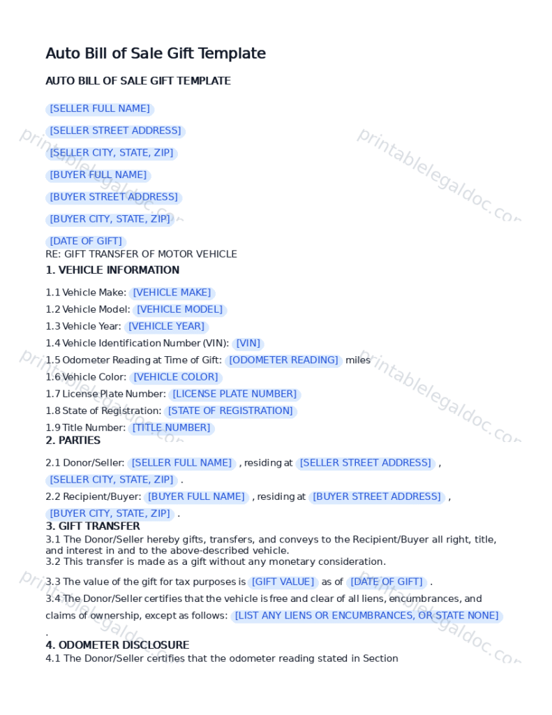 Auto Bill of Sale Gift Template