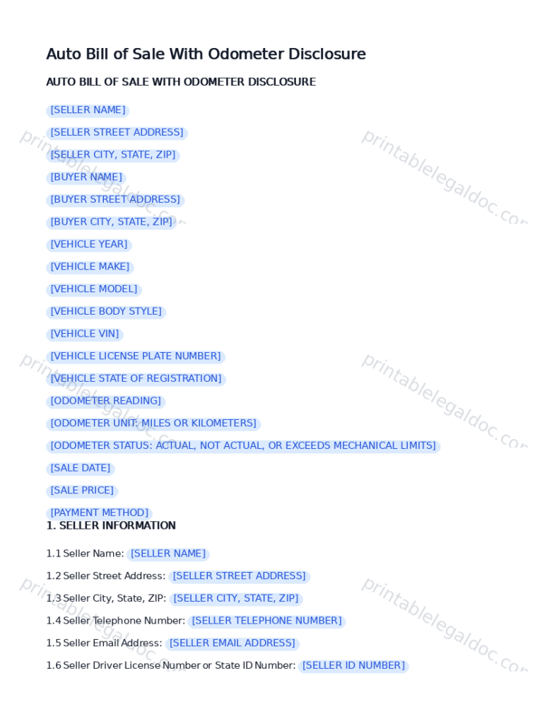 Auto Bill of Sale With Odometer Disclosure