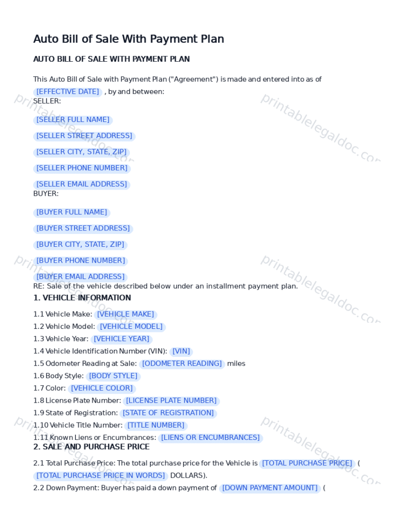 Auto Bill of Sale With Payment Plan