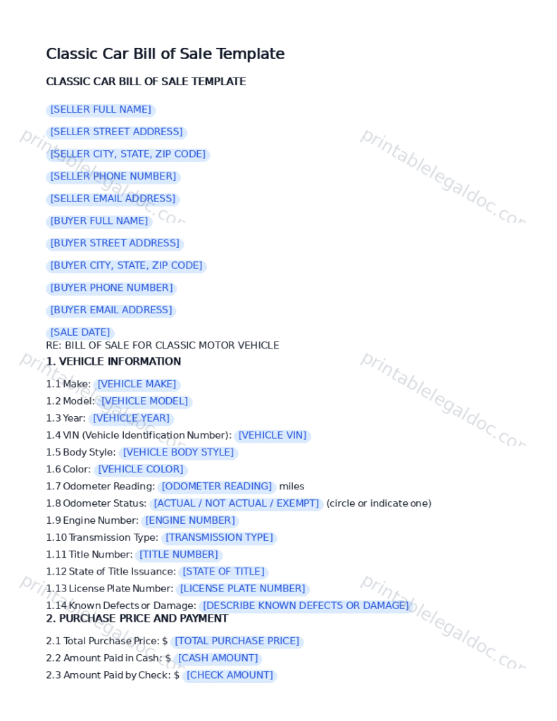 Classic Car Bill of Sale Template