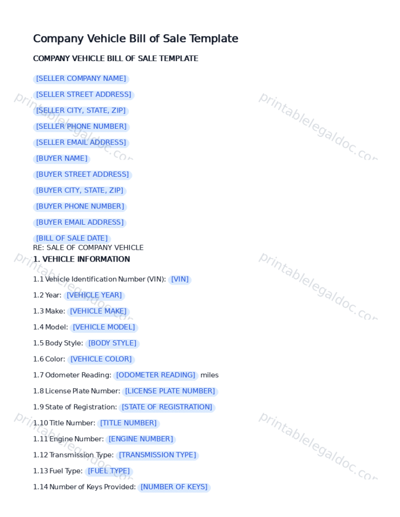 Company Vehicle Bill of Sale Template