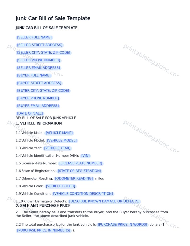 Junk Car Bill of Sale Template
