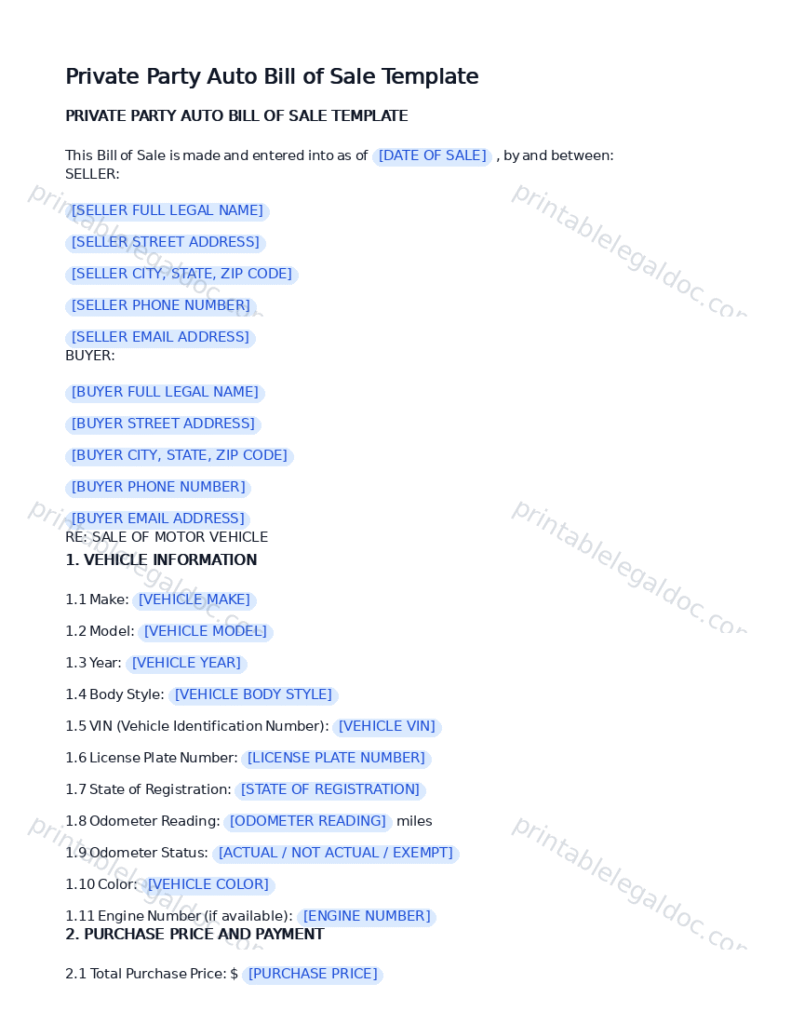Private Party Auto Bill of Sale Template
