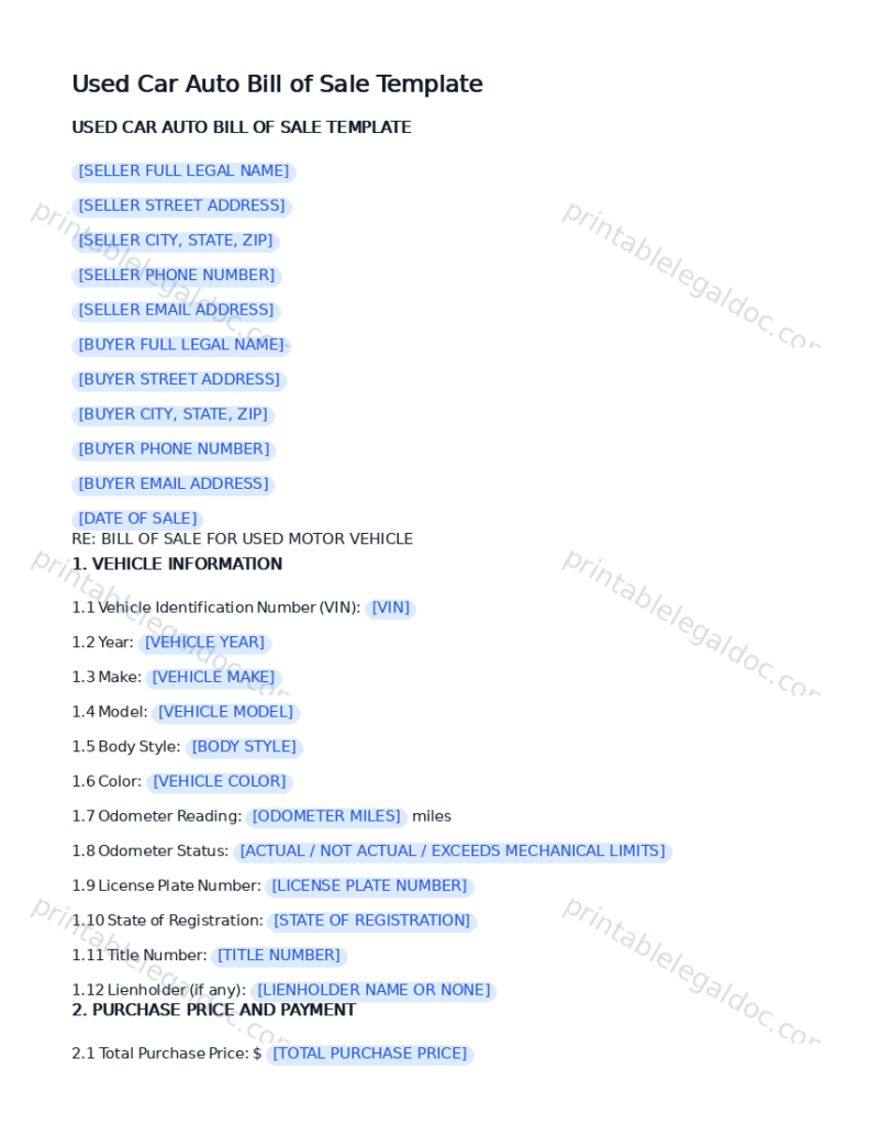 Used Car Auto Bill of Sale Template